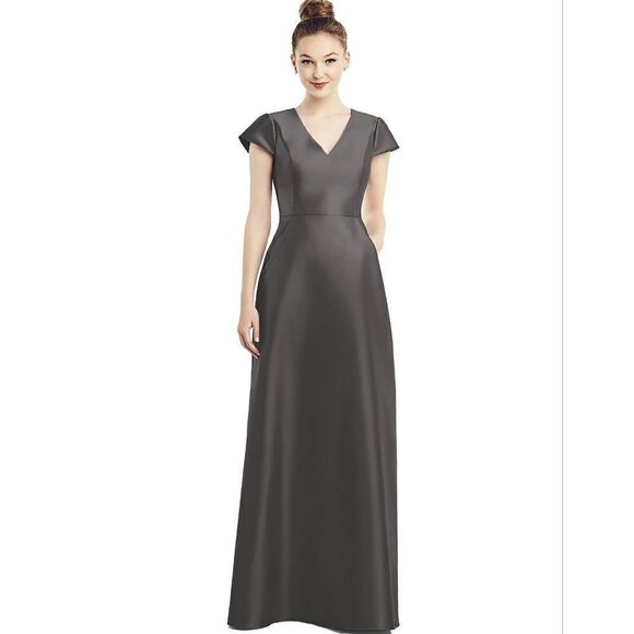 NWT Alfred Sung Alfred SungCap Sleeve V-Neck Satin Gown With Pockets - Picture 1 of 5